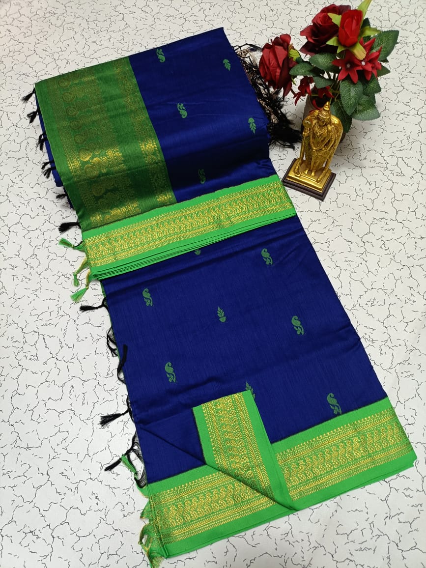 Kalyani Cotton Saree β Royal Blue with Pink Border