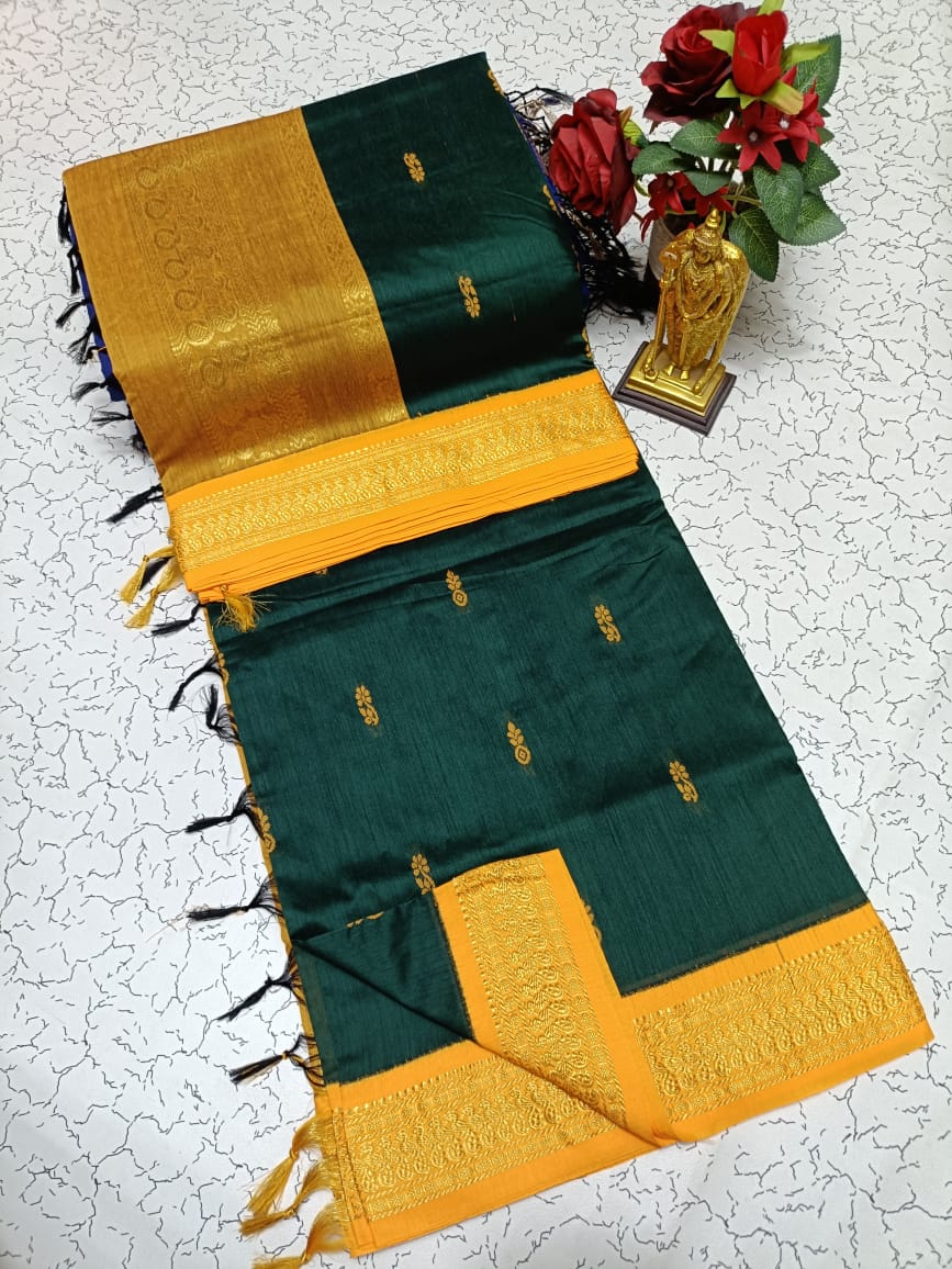 Kalyani Cotton Saree - Bottle Green & Mustard Gold