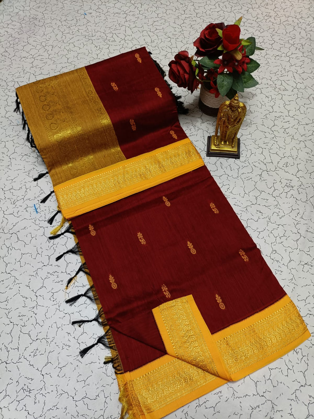 Kalyani Cotton Saree - Maroon & Mustard Gold