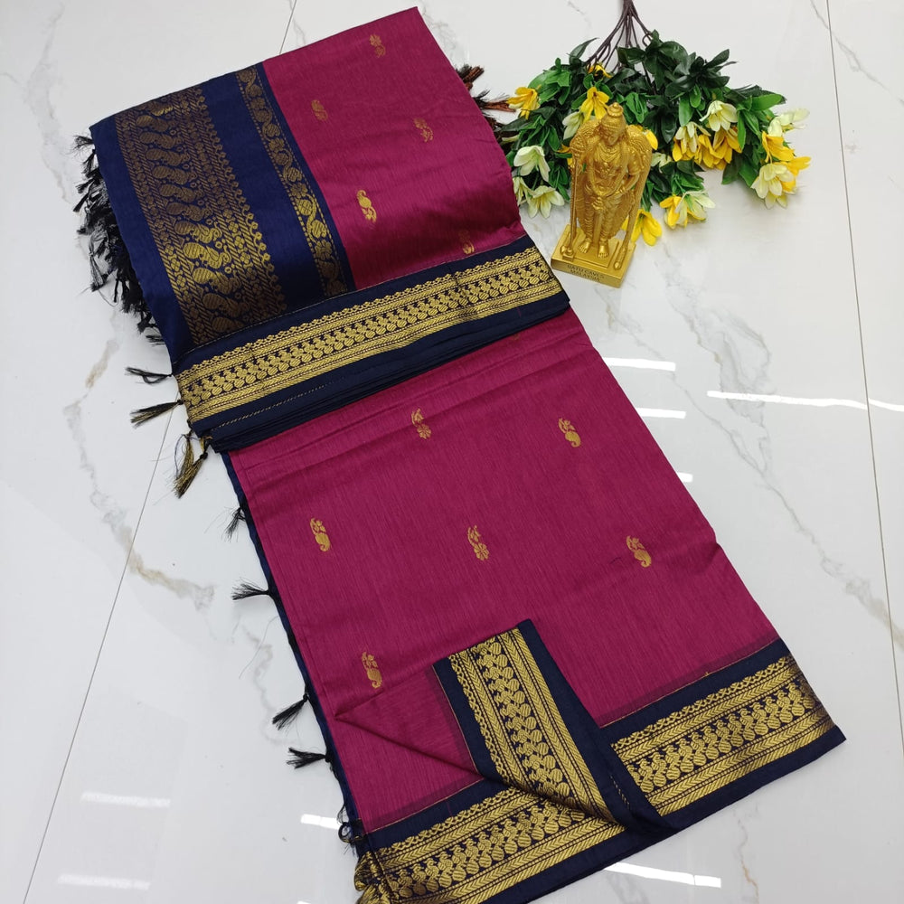 Kalyani Cotton Saree - Rani Pink & Navy Blue