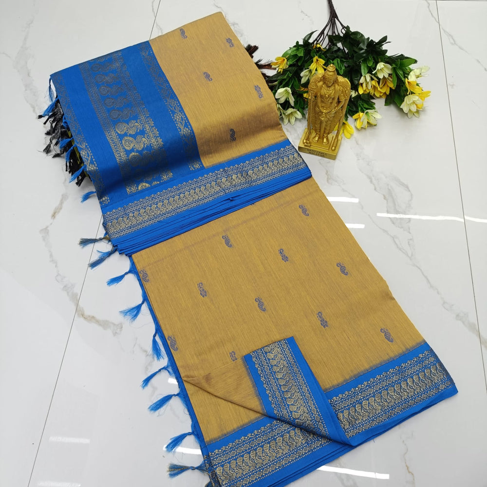 Kalyani Cotton Saree - Mustard Gold & Royal Blue