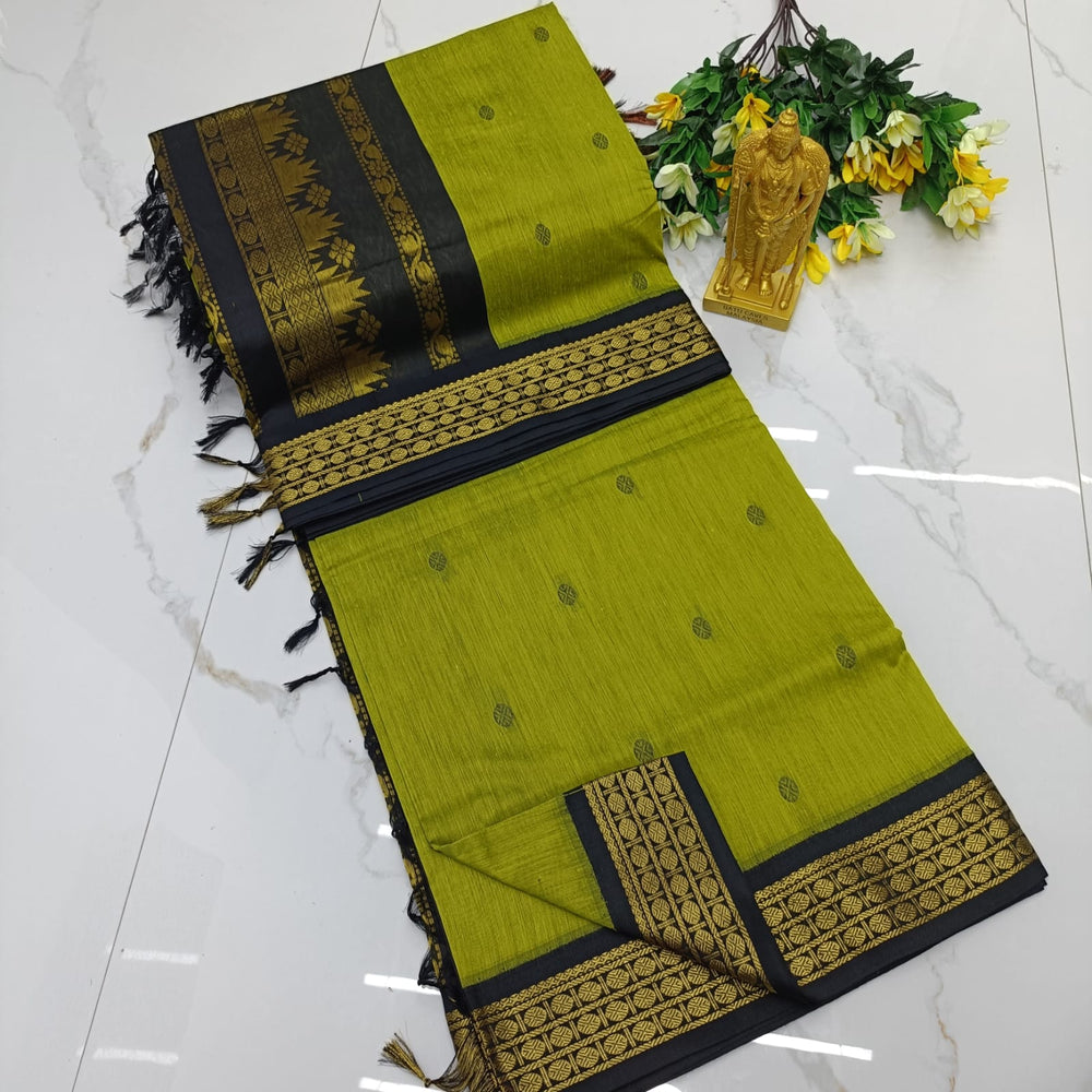Kalyani Cotton Saree - Olive Green & Black Gold