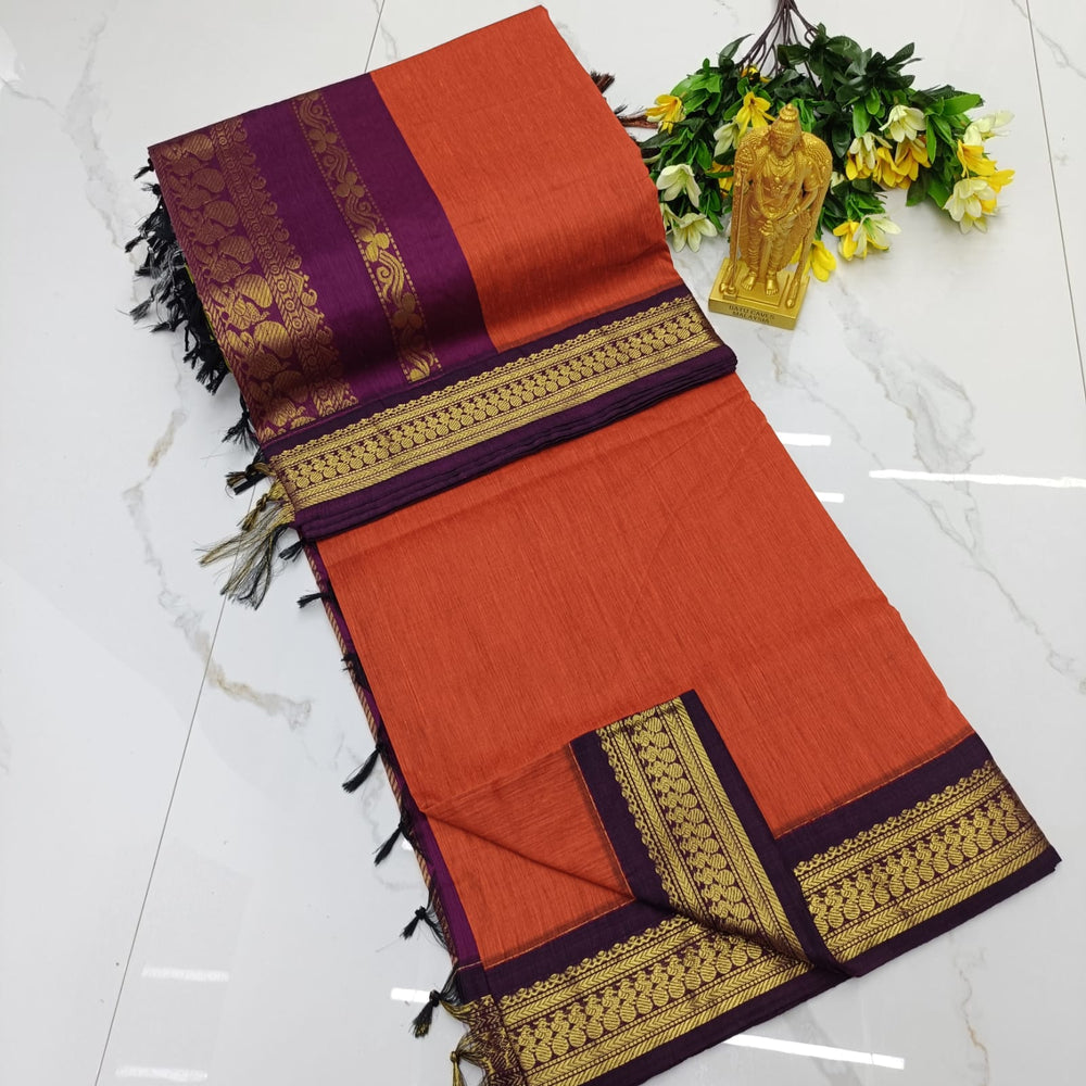 Kalyani Cotton Saree - Sunset Orange & Wine Purple