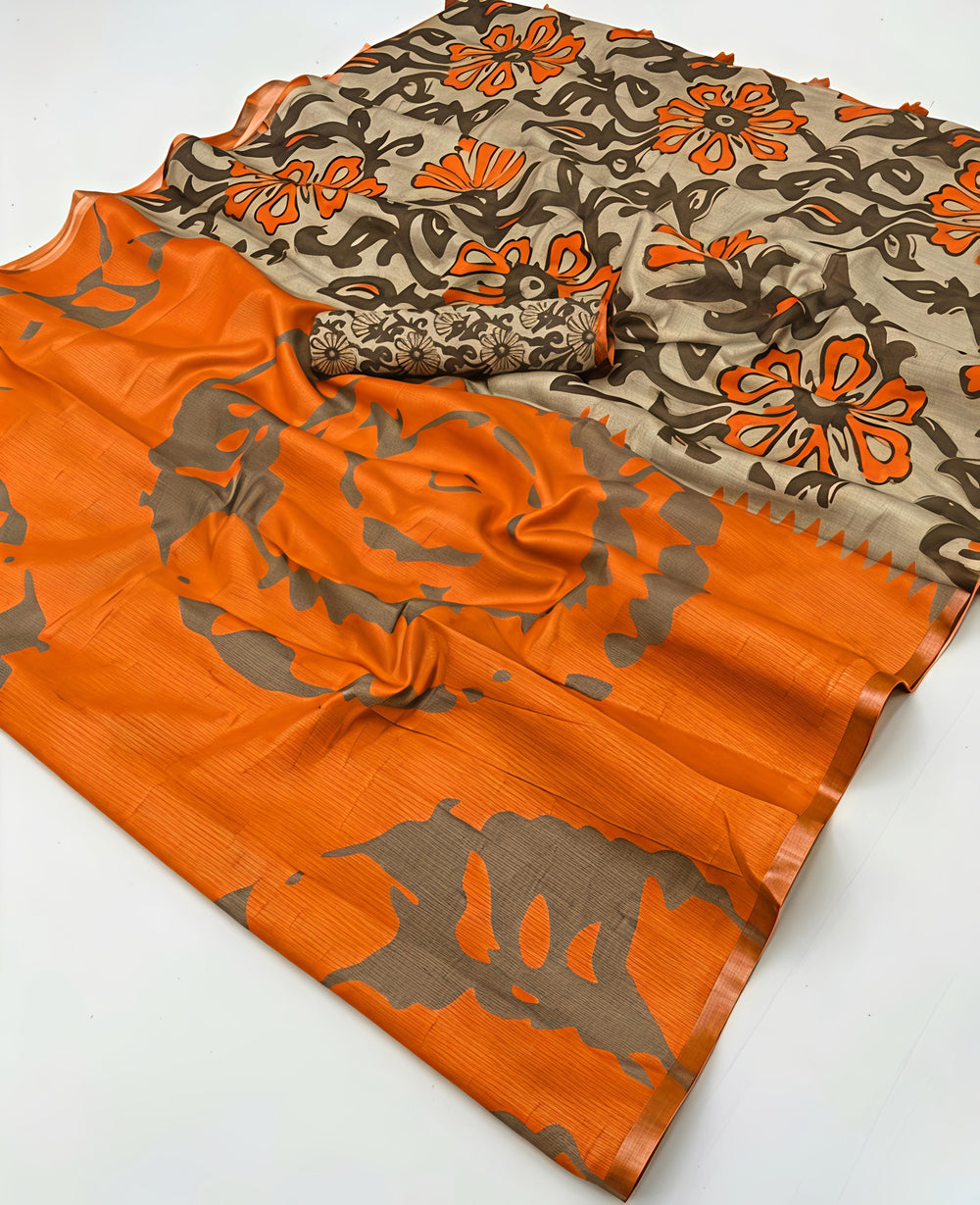 Orange Linen Cotton Saree – Beige Floral Design