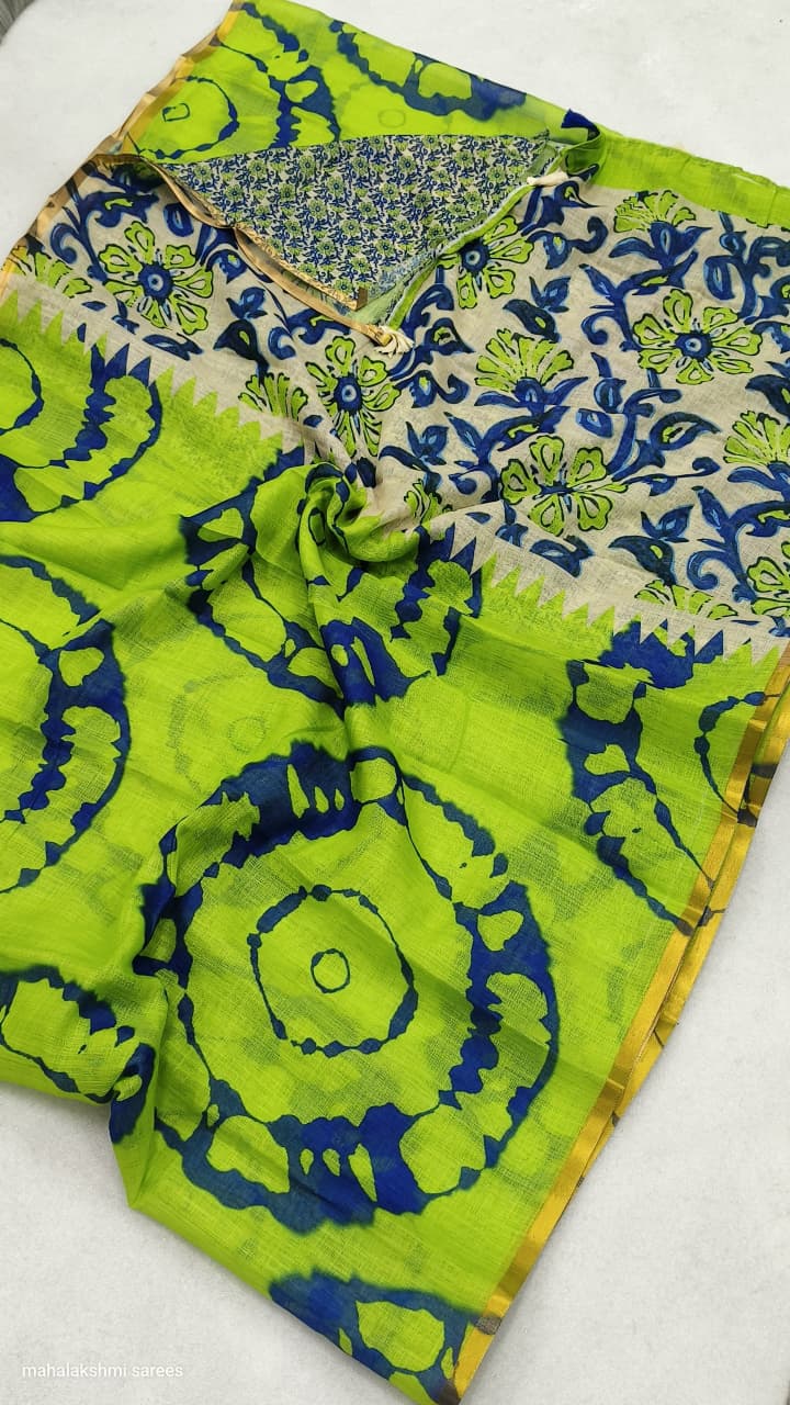 Parrot Green Linen Cotton Saree – White Floral Pallu