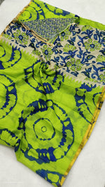 Parrot Green Linen Cotton Saree – White Floral Pallu