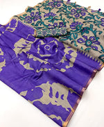 Purple Linen Cotton Saree – Teal Floral Design