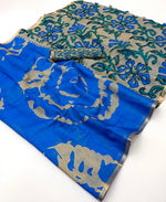 Royal Blue Linen Cotton Saree – Teal Floral Design