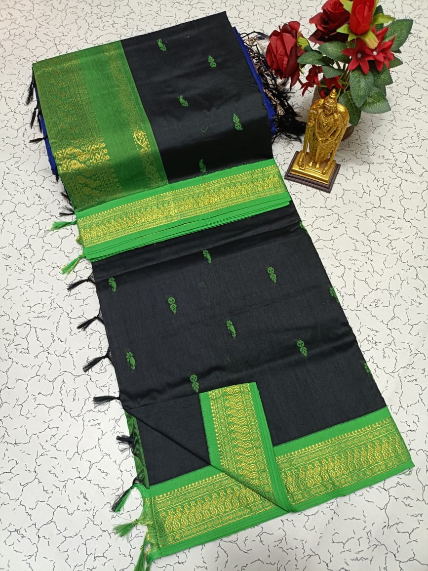 Kalyani Cotton Saree – Black with Green Border