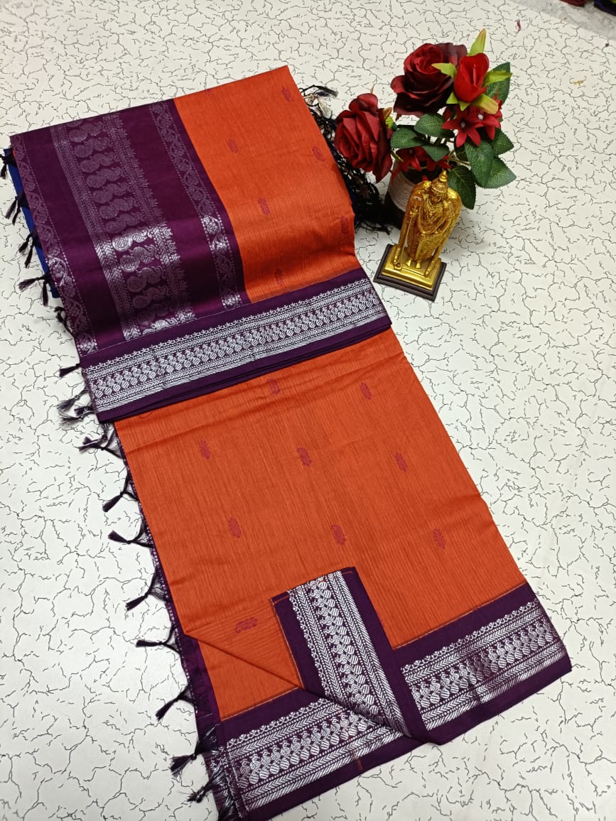 Kalyani Cotton Saree - Rust Orange & Wine Purple