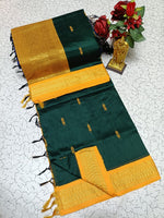 Kalyani Cotton Saree - Bottle Green & Mustard Gold