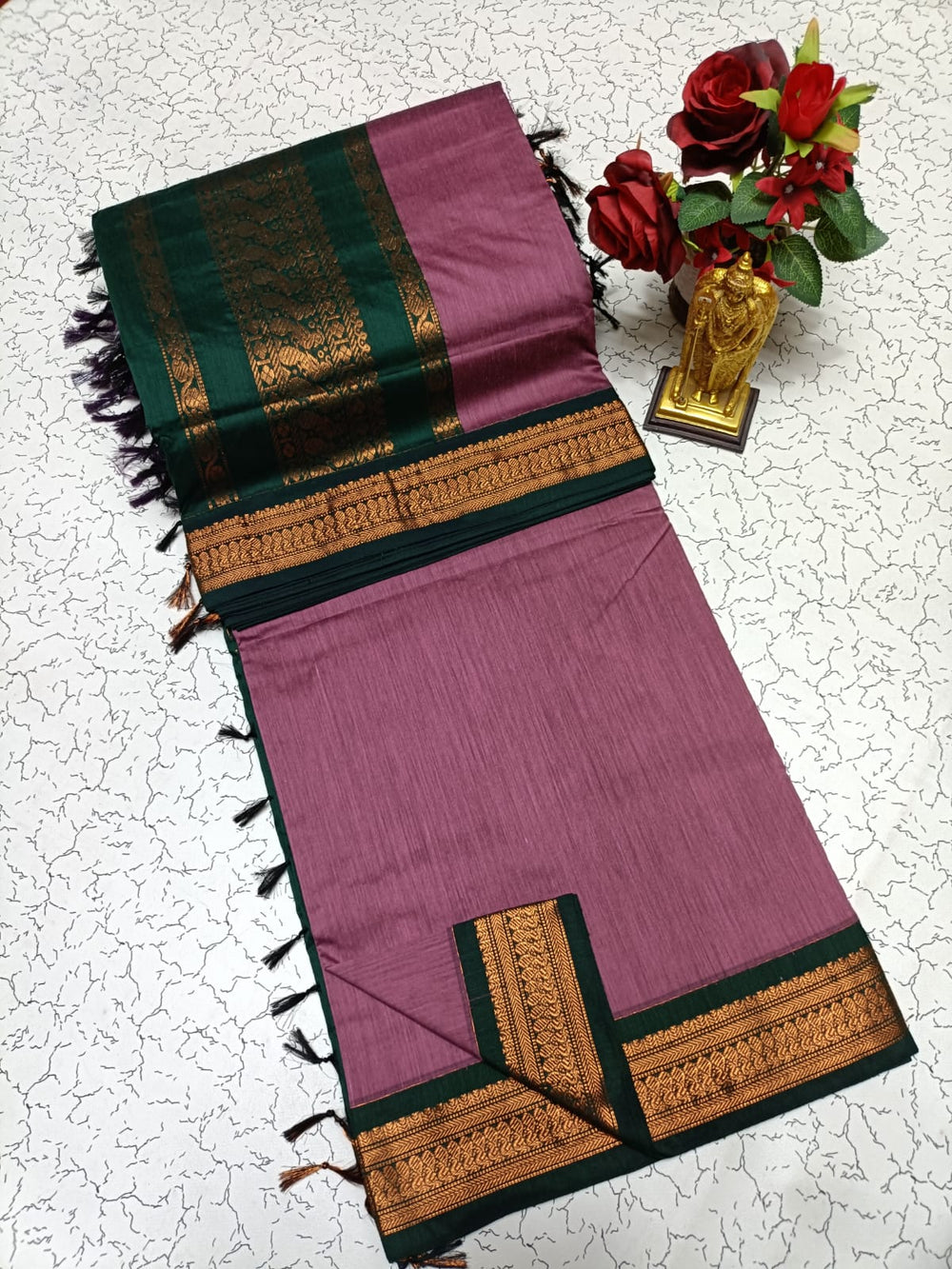 Kalyani Cotton Saree - Mauve & Bottle Green