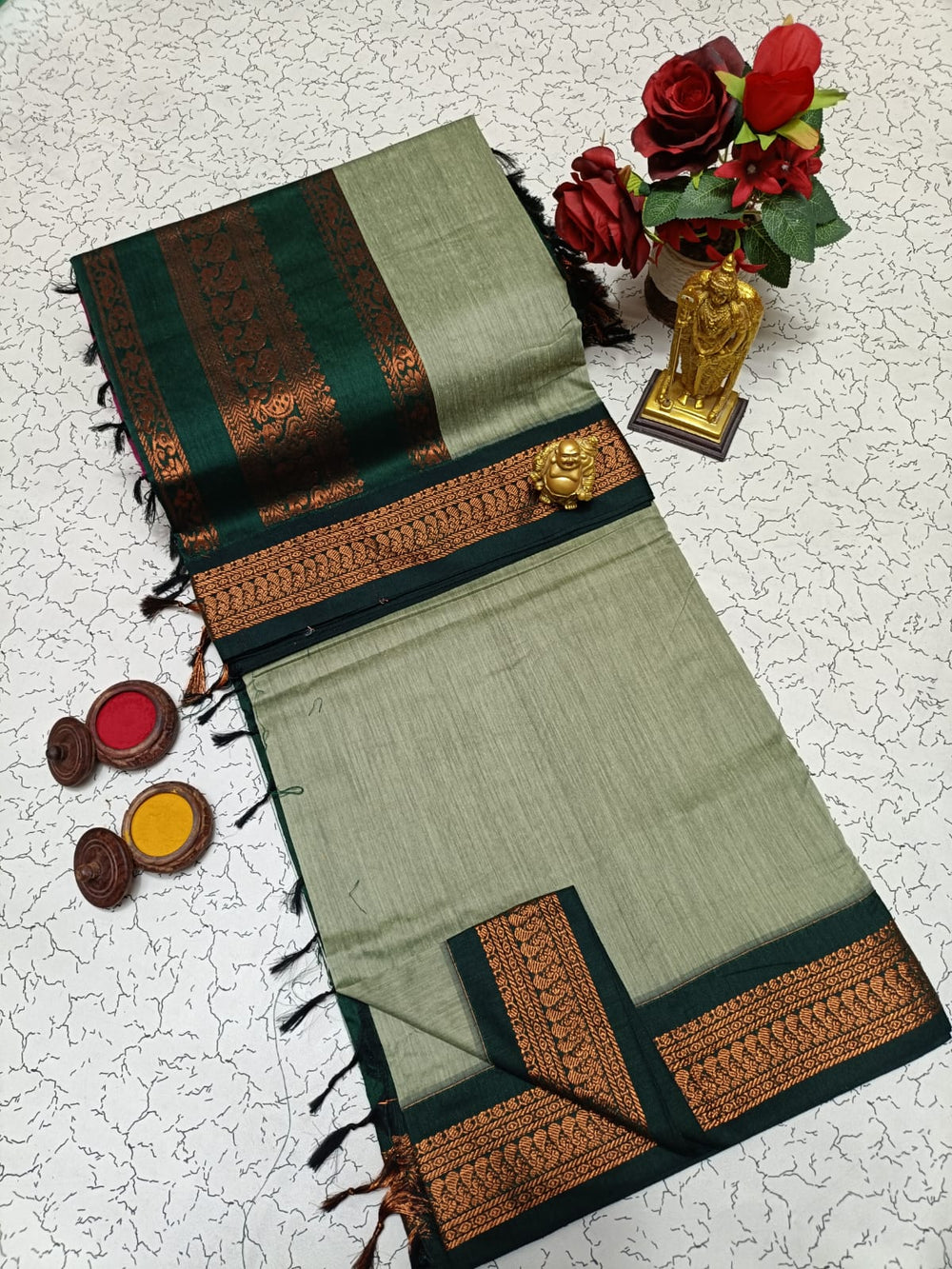 Kalyani Cotton Saree - Sage Green & Copper Bottle Green