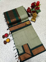 Kalyani Cotton Saree - Sage Green & Copper Bottle Green