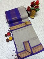 Kalyani Cotton Saree - Grey & Royal Blue Gold