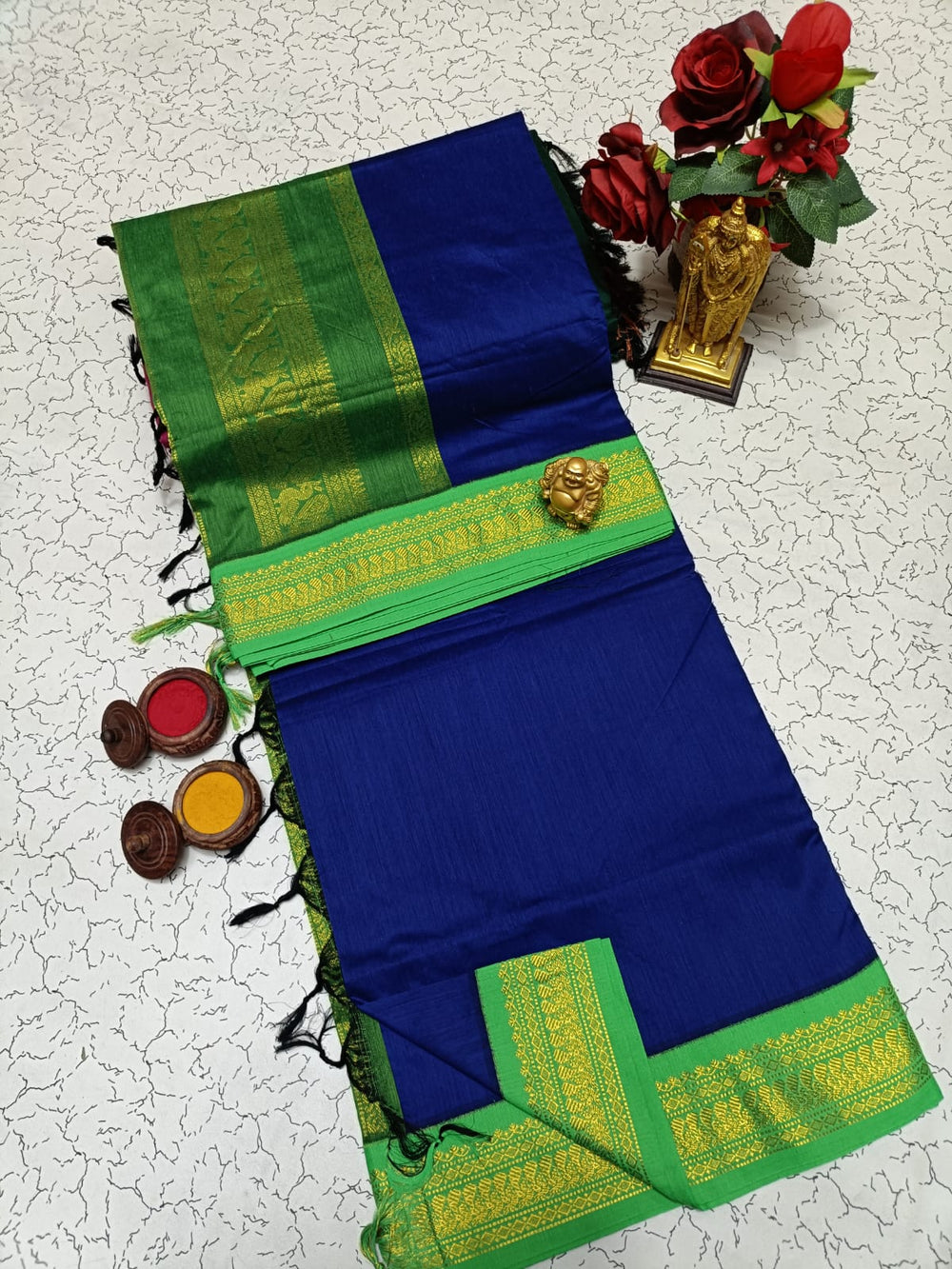 Kalyani Cotton Saree - Royal Blue & Parrot Green