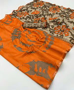 Orange Linen Cotton Saree – Beige Floral Design