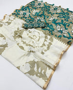 Cream Linen Cotton Saree – Teal Floral Design