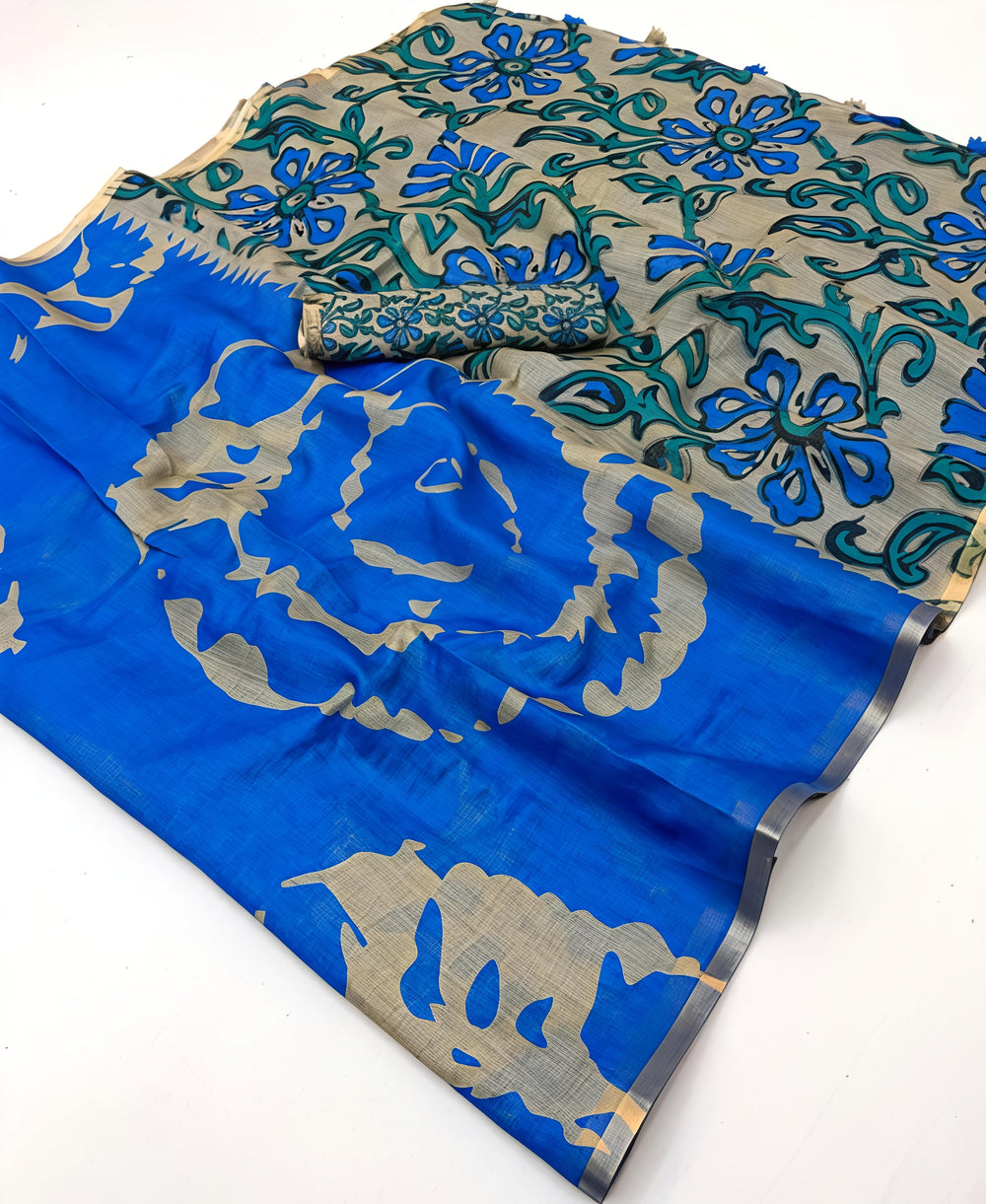 Royal Blue Linen Cotton Saree – Teal Floral Design